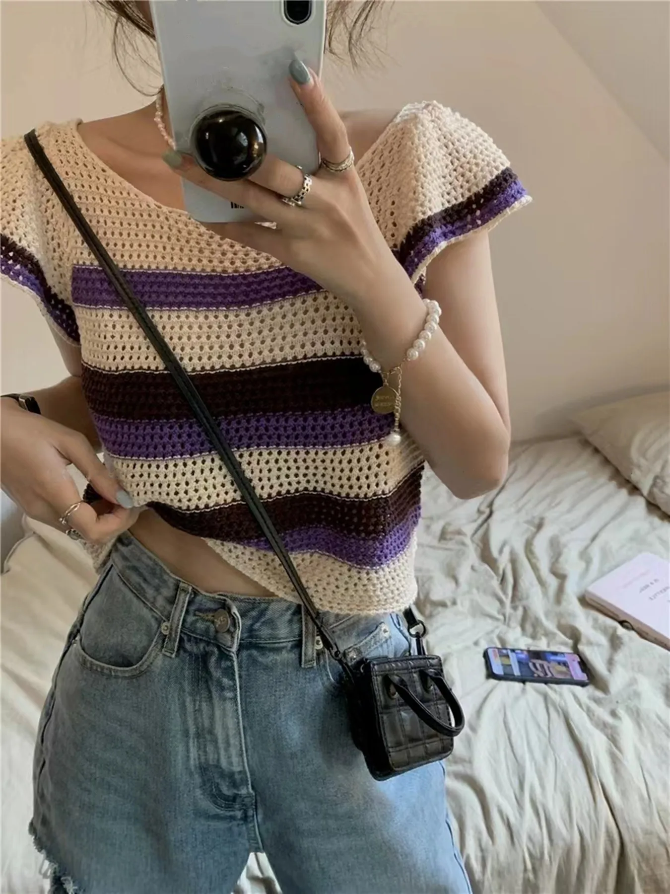 Striped Short-Sleeve Knitted Top Women Summer Thin Hollow Out Knitwear Pullover Design Casual Korean Fashion Chic Crop Top