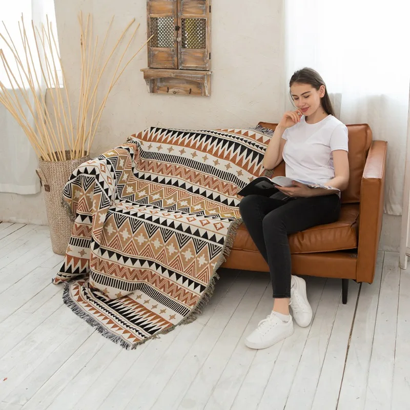 Bohemian Sofa Cover Thick Geometric Print Dustproof Multi Purpose Blanket Navajo Throw