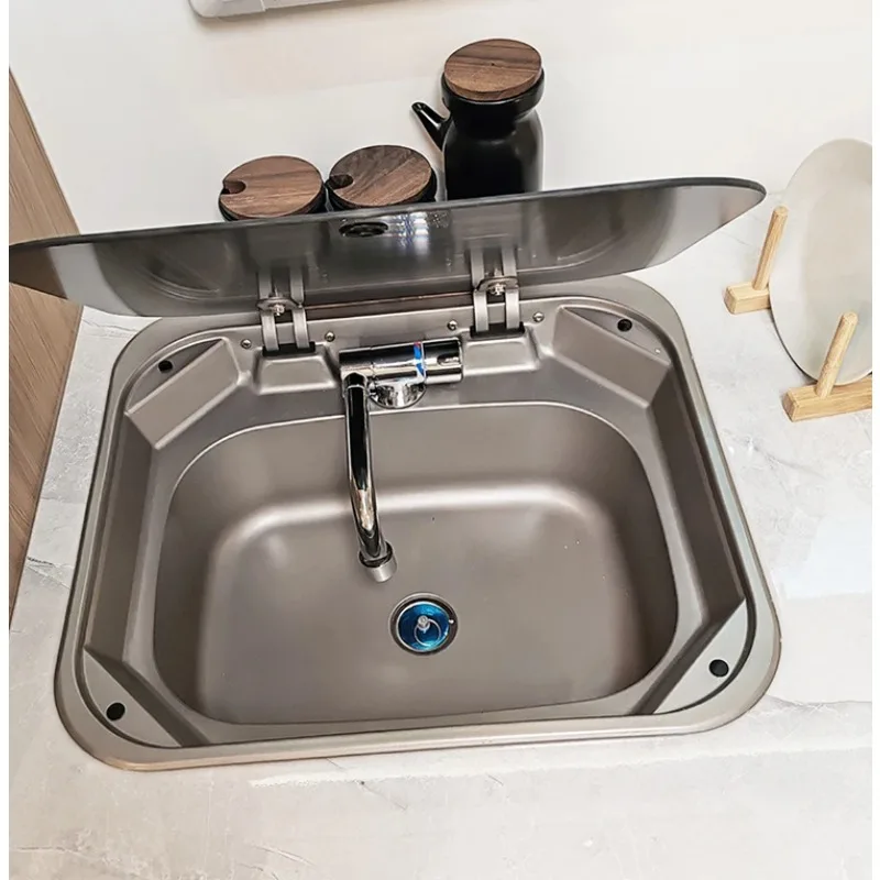 Folding RV Caravan 420 mm Tempered Glass Cover Square and Stainless-Steel RV Accessories Kitchen Caravan Sink