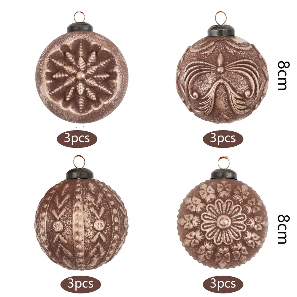 Vintage Distressed Christmas Ornaments Set 12pcs 8cm Polystyrene Baubles Copper Bronze Antique White For Retro Tree Decorations