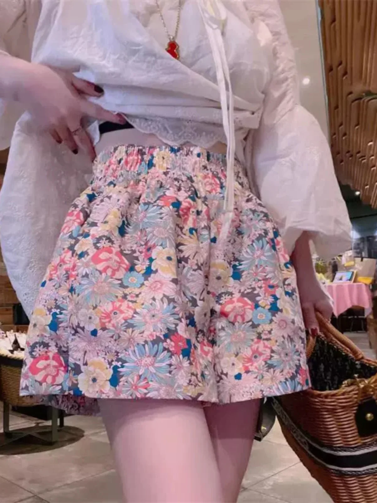 Plus Size Casual Dun Thuis Vrije tijd Strand Bloemen Dames Orts Hoge taille Wijde pijpen Broek Zomer Hotpants Asymmetrisch ontwerp