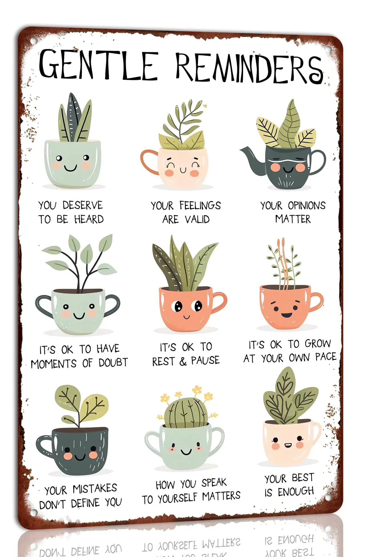 Gentle Reminders Metal Tin Sign Cute Potted Plants Sign for Home Farmhouse Living Room Therapy Office Wall Decor Motivated Gifts