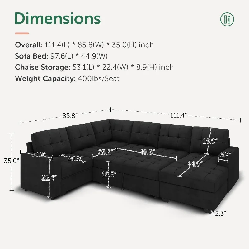 Sectional Sleeper Sofa with Pull Out Bed, Sleeper Sectional Couch for Living Room, Sleeper Sofa Bed with Storage Chaise