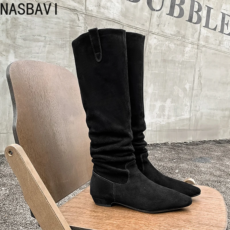 NASBAVI 2026 موضة البقرة المدبوغ أخبار النساء حذاء برقبة للركبة الخريف النعال الكعوب أشار تو أحذية طويلة الشتاء أحذية امرأة 34-40