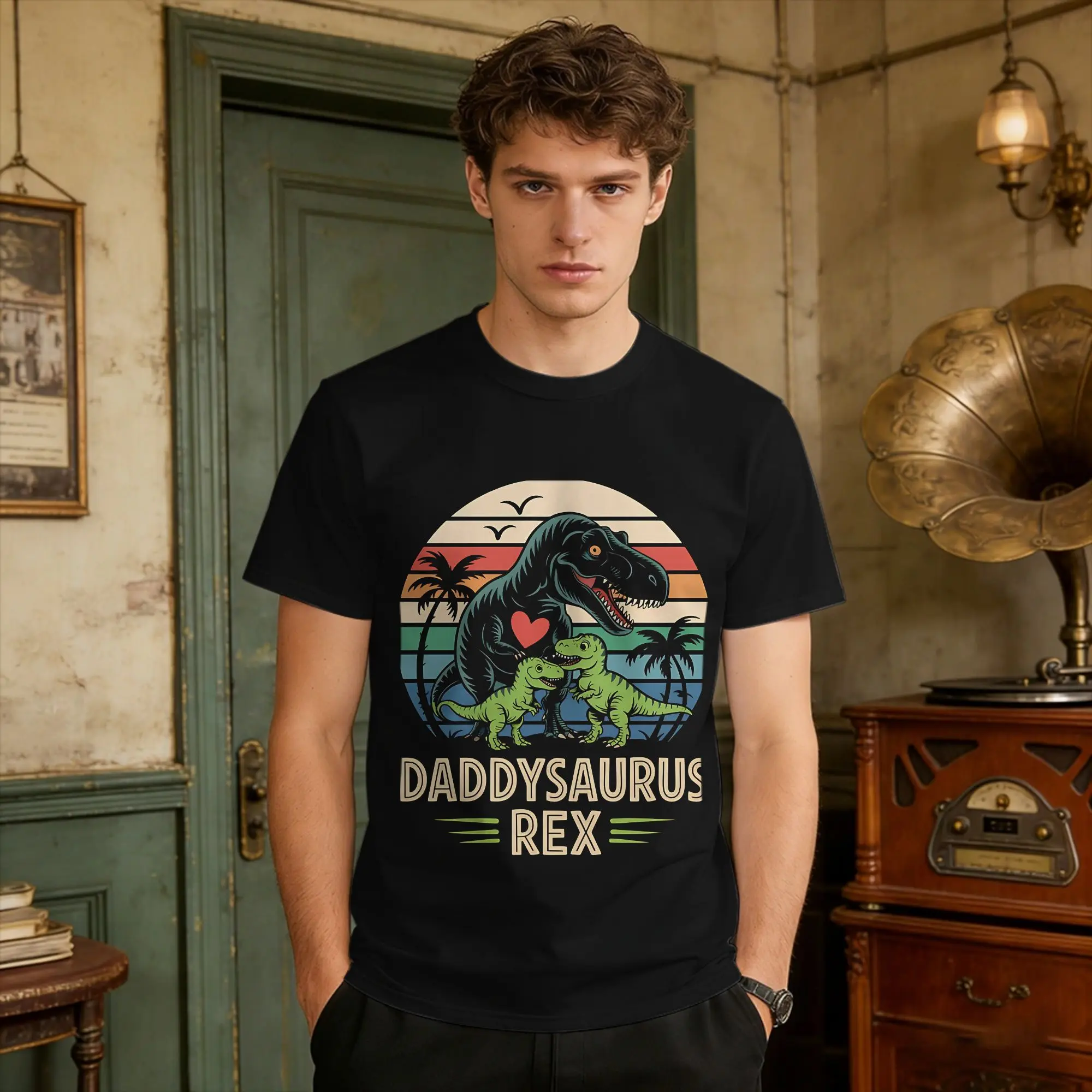 Men's Daddysaurus Rex  Kids Sunset For Fathers Day T Shirts  Cotton Tees Summer Y2K Funny Short-Sleeved T Shirt O Neck Tee Shirt