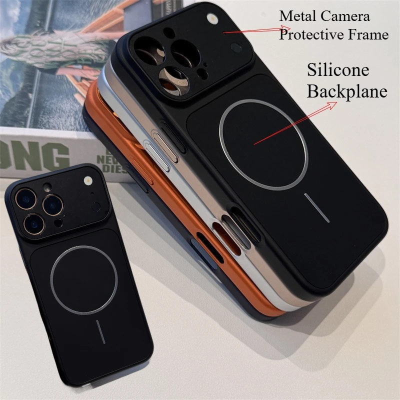 الفاخرة سيليكون اللوحة الخلفية المعدنية حافظة هاتف مزودة بكاميرا آيفون 17 برو ماكس الهواء 16 15 14 13 ل Magsafe الغطاء الواقي المغناطيسي