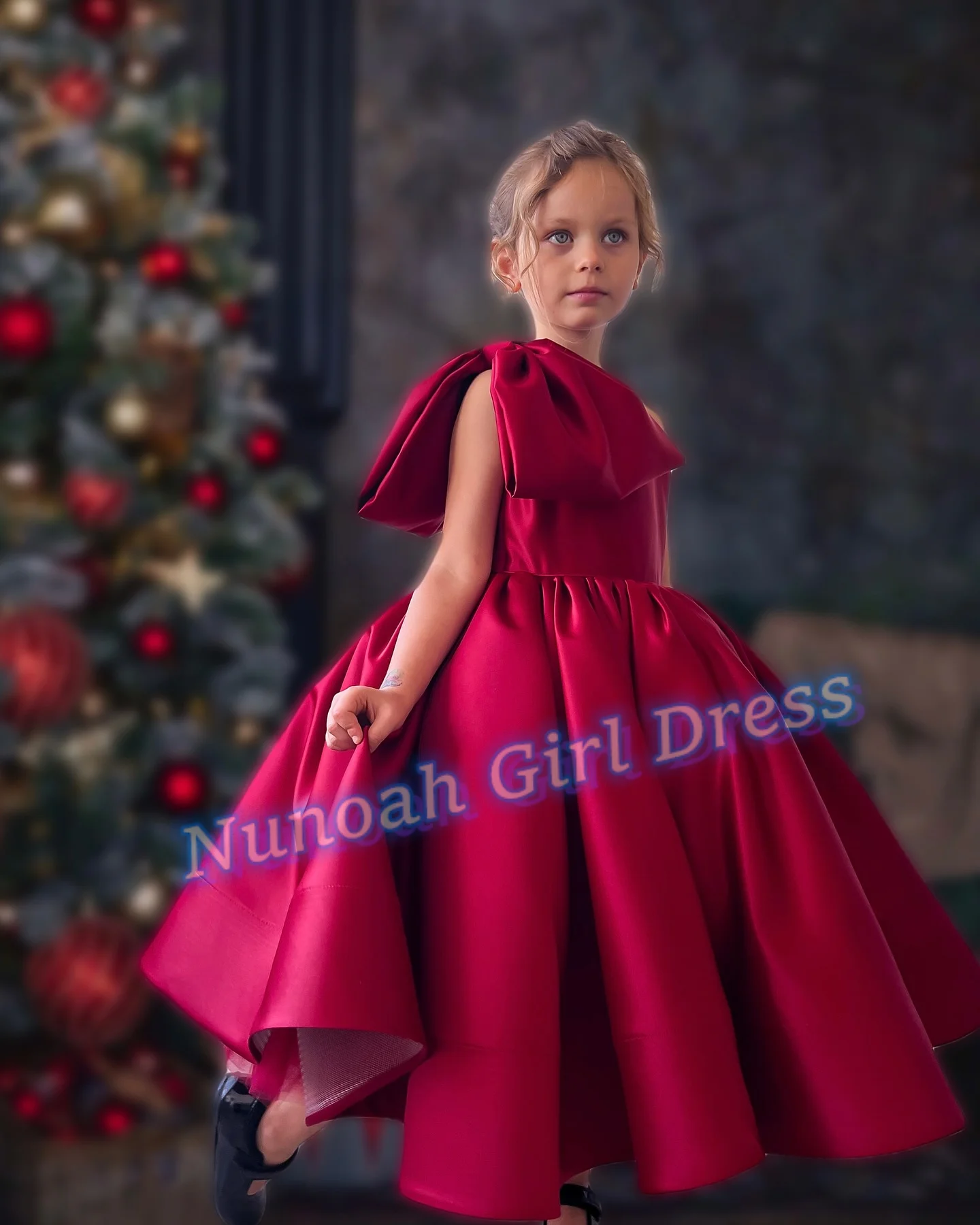 One Shoulder Flower Girl Dresses for Wedding Satin Tea Length Girl Kids Christmas Party First Holy Communion Gowns Customized