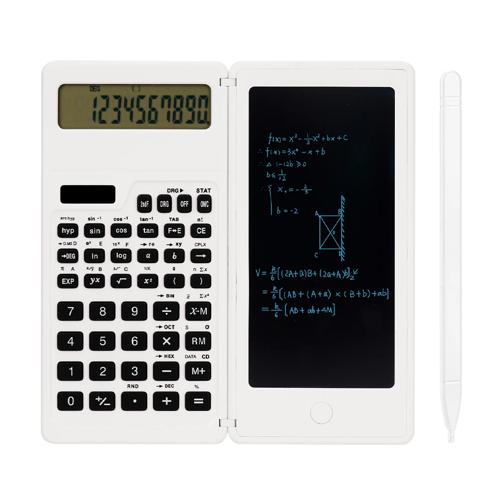 White multifunctional solar science calculator: integrating algebra, trigonometry, and calculus, suitable for students, teachers