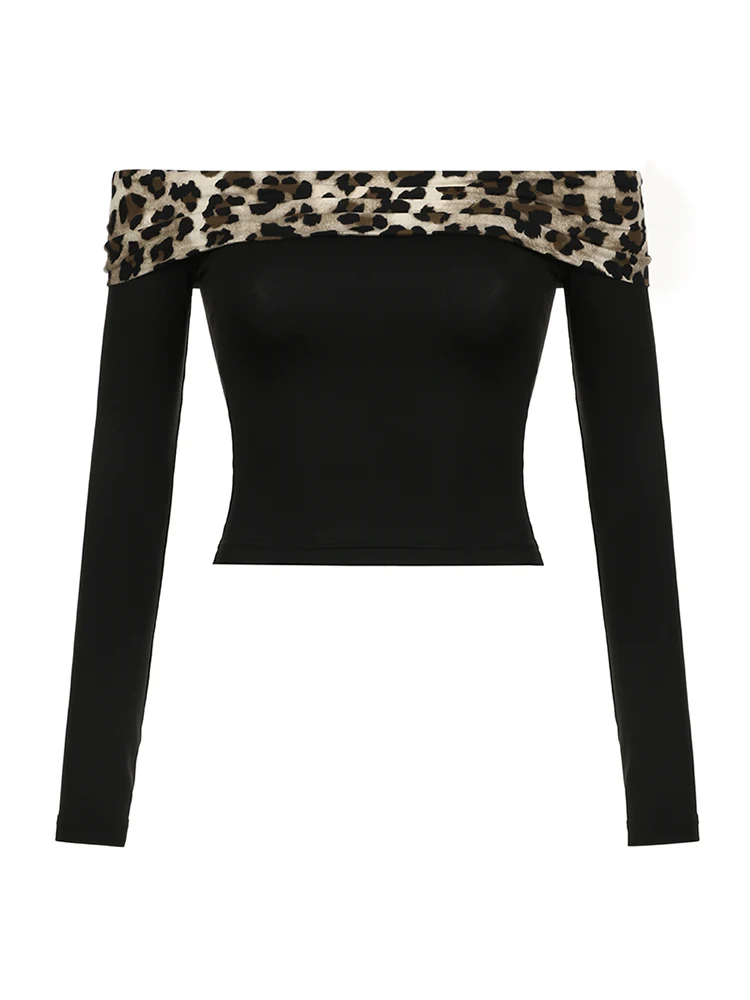 Leopard Patchwork Slash Neck Long Sleeve Slim Cropped T Shirt Women Elegant Fashion Sexy Clothing