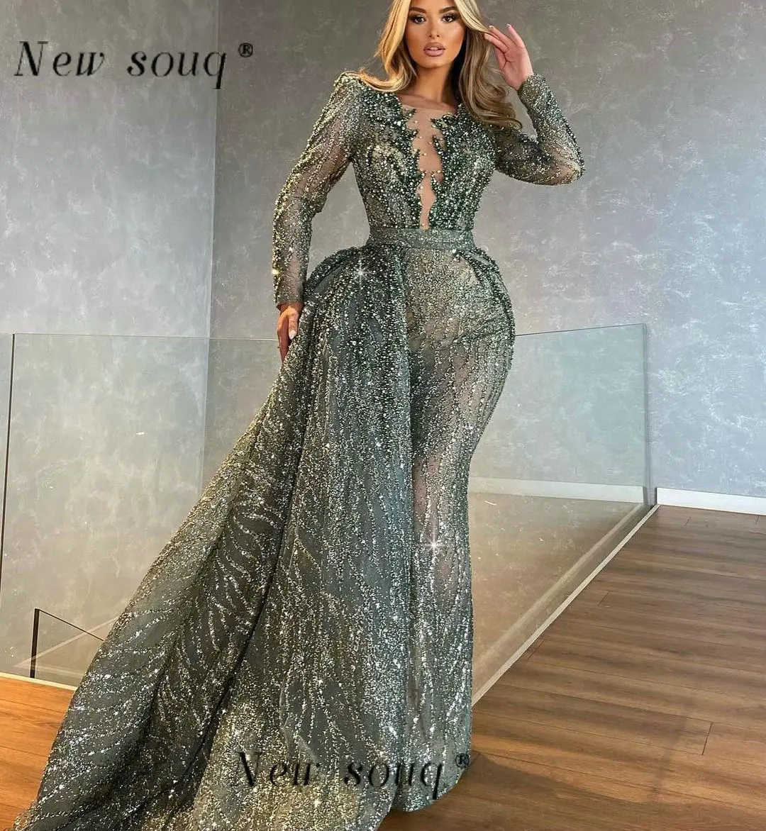 

Arabic Olive Green Sparkly Long Sleeves Mermaid Evening Dresses with Side Tail Dubai Muslim Formal Gowns for Wedding Party