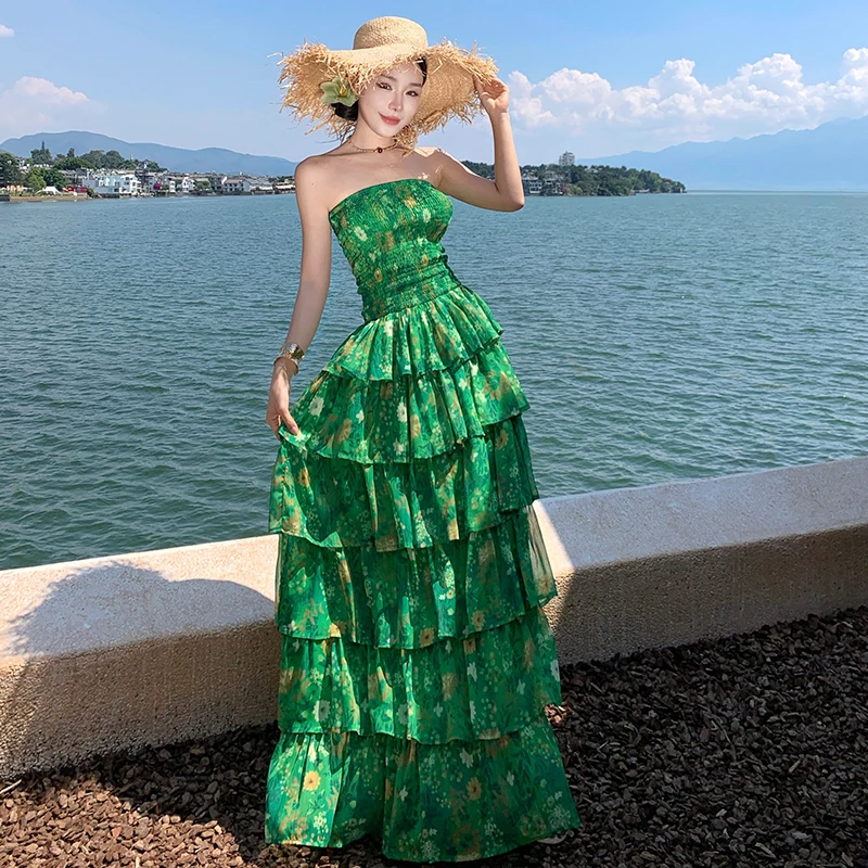 Nueva moda de las mujeres de un solo hombro vestido de gasa estampado verde elegancia con volantes falda de pastel escalonado evento fiesta Vestidos de graduación vestido