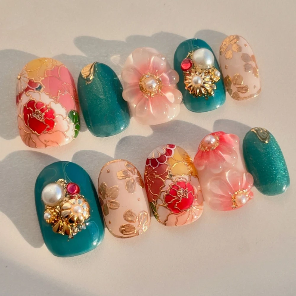 10 Uds. De manicura rosa hecha a mano, uñas postizas de invierno, uñas postizas de flores y perlas 3D, uñas cortas artísticas con juego de lima de uñas