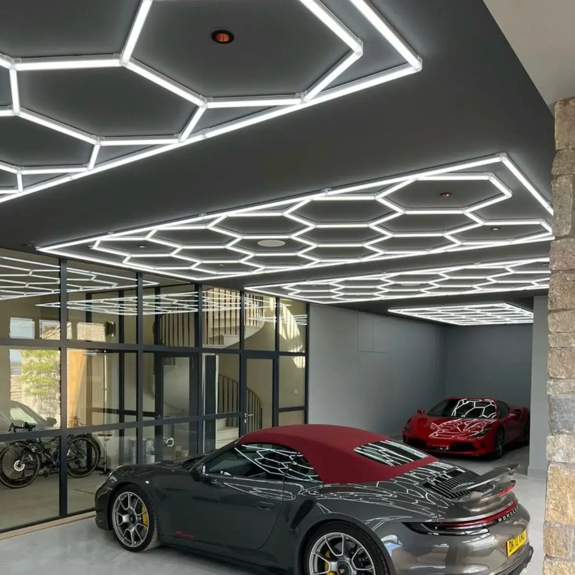 

2.4*4.8M Hexagon Led Lights Industrial Workshop Hexagon Light for Garage Car Wash Detailing Auto Beauty Repair Barber Shop
