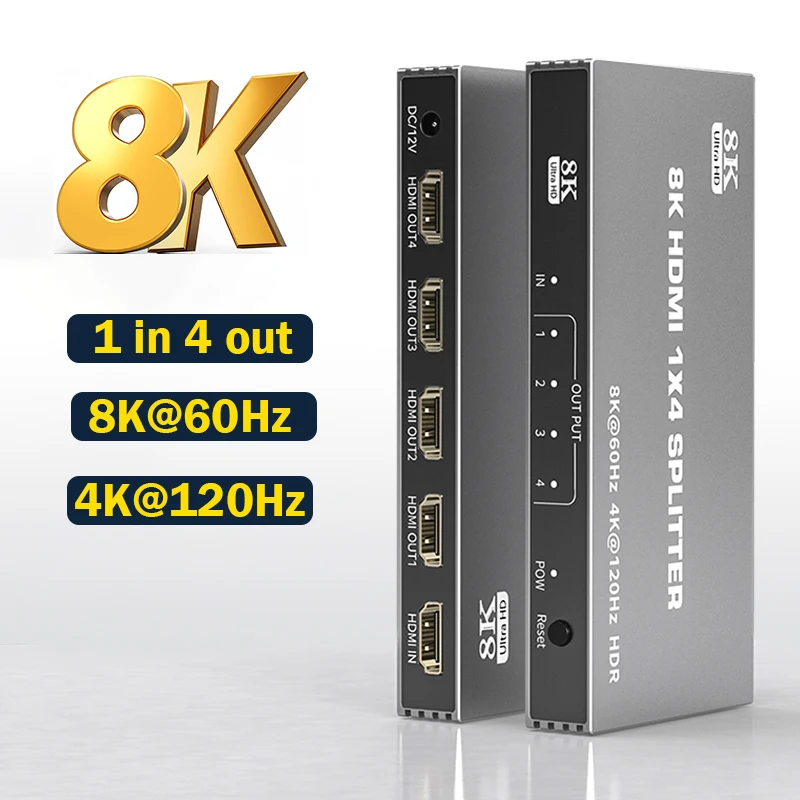

Разветвитель HDMI 8K при 60 Гц 1 в 4 выхода 4K при 120 Гц Ultra HD HDMI 2.1 Разветвитель 1x4 Дубликат/Зеркальный экран Поддержка 48 Гбит/с VRR HDCP2.3 HDR