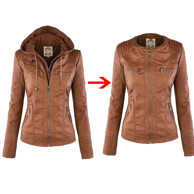 

Faux Leather Jacket Women 2025 Winter Khaki Motorcycle Gothic Hooded Outerwear Basic Coat