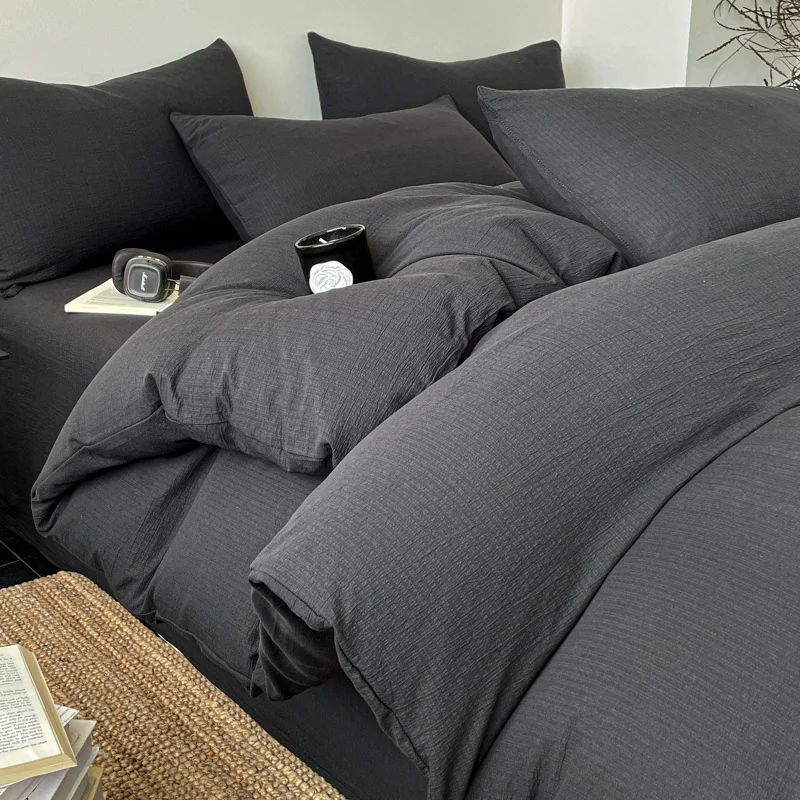 

Double-Layer Wrinkle Yarn Bedding Set,Solid Home Duvet Cover+Pillowcase Flat/Fitted Sheet Set, 3/4pcs Twin King All Season Use