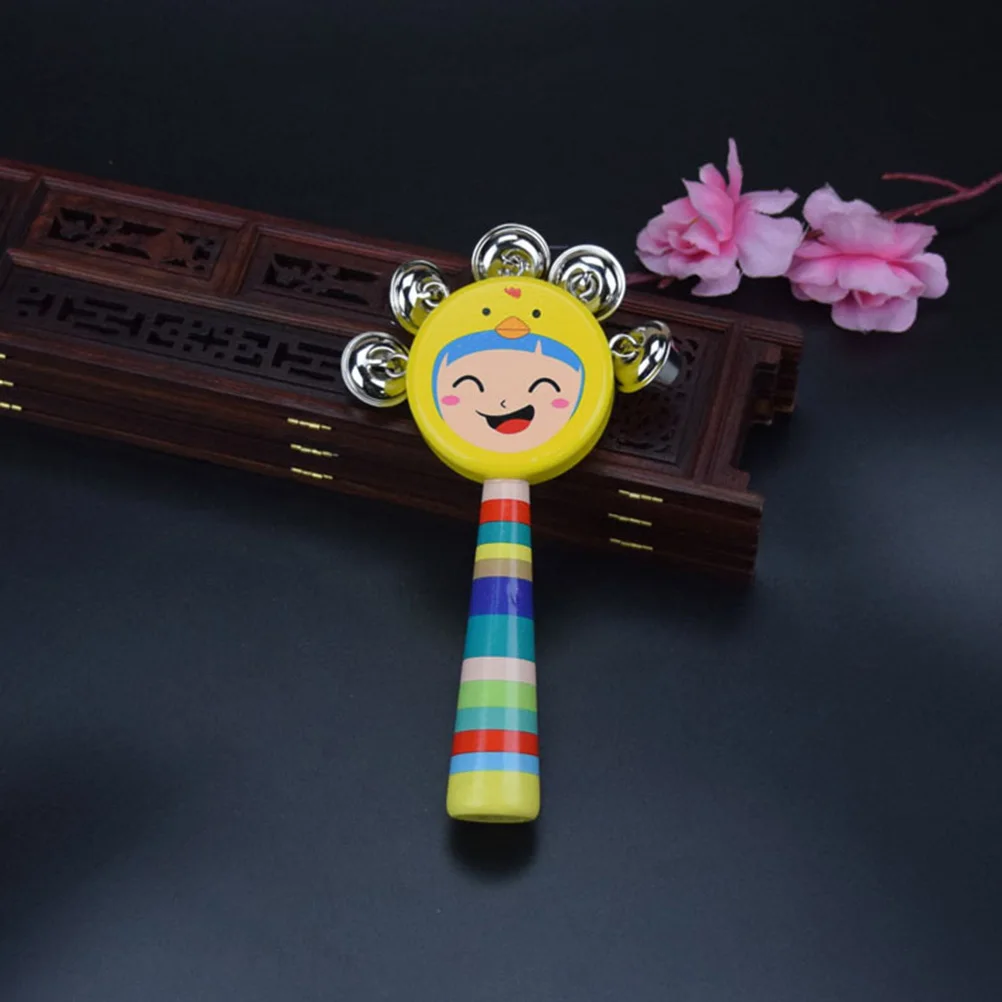 

Toys for Kids Hand Rattle Wooden Cartoon Handle Puzzle with Bells Smiling Child