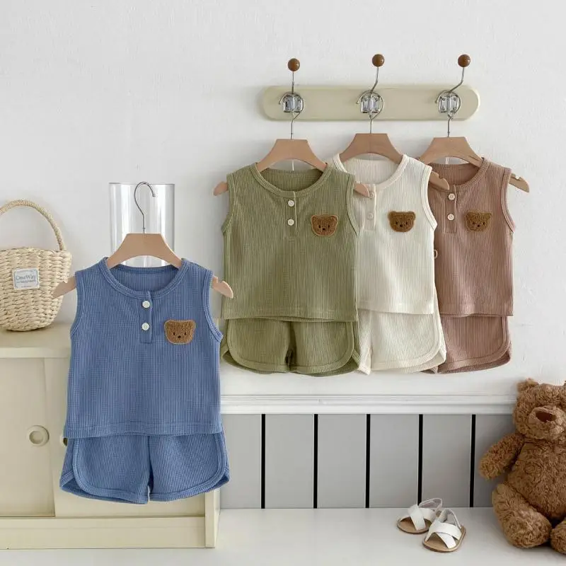 2025 Summer New Baby Sleeveless Clothes Set Boy Girl Cartoon Bear Waffle Tops + Shorts 2pcs Suit Infant Casual Sports Outfits