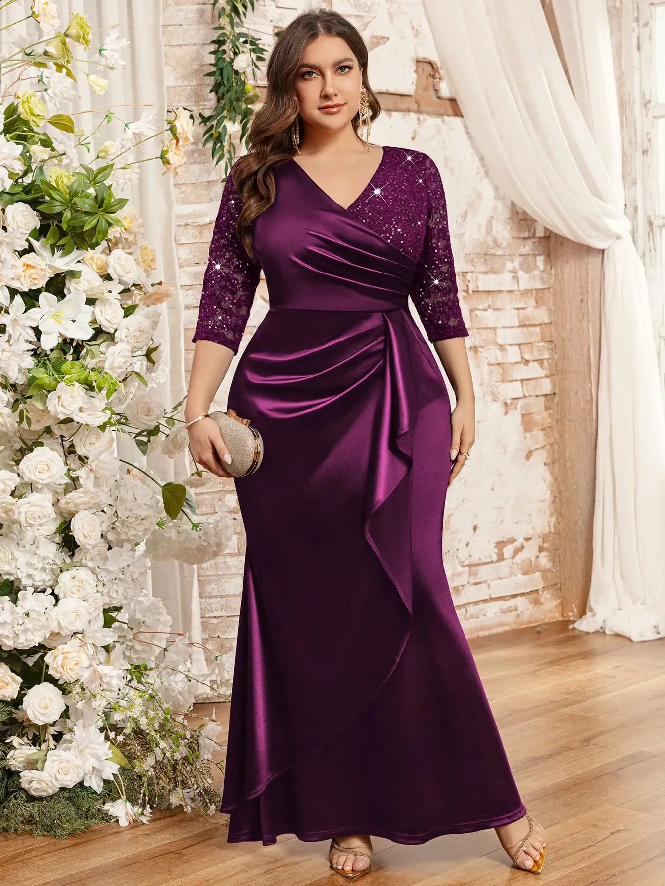 

Вечернее платье-русалка больших размеров с V-образным вырезом, пайетками, кружевом и драпировкой из атласа для гостей на свадьбу