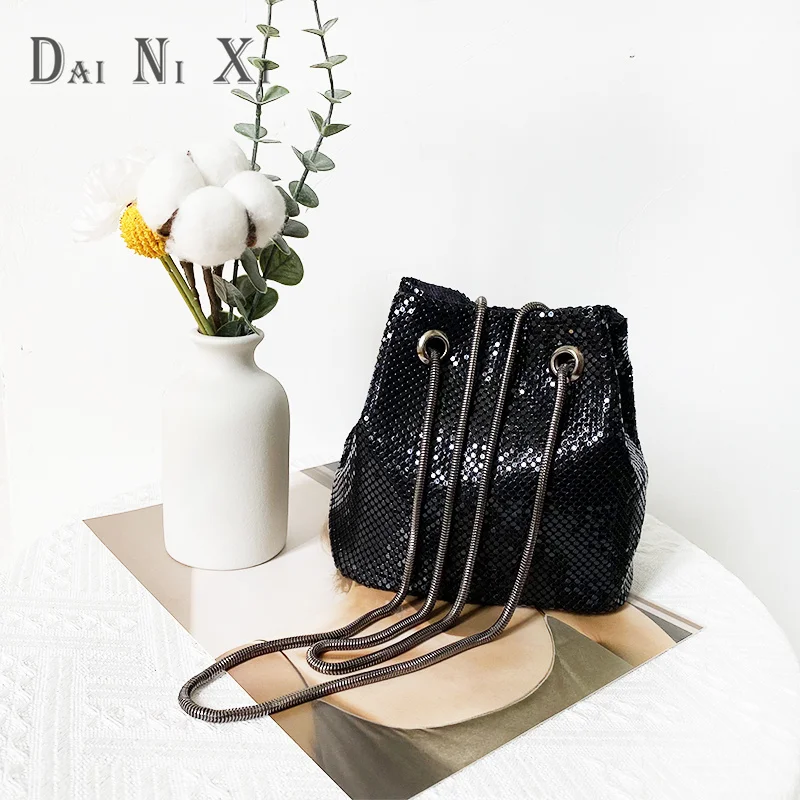 Top Quality Women Aluminum Mesh Bucket Shoulder Bag Clutch Handmade Metal Strap Handbags Bridal Purse