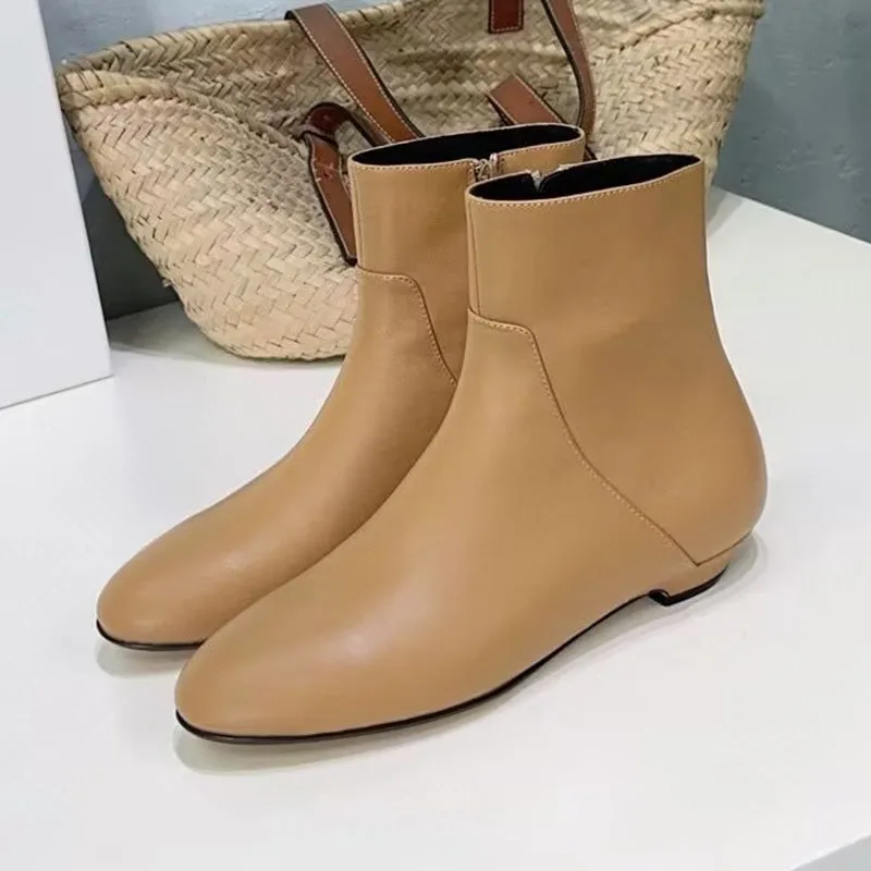 Women Solid Color Side Zipper Thick with Ankle Botas Mujer Round Toe Genuine Leather Short Boots Autumn Winter Riding Boots