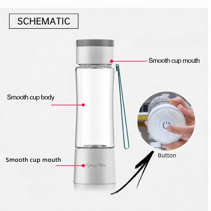 H2 Rich Hydrogen Water Generator Bottle SPE PEM Electrolysis 1400-2000 Ppb Portable USB Type-C Rechargeable 450ml Ionizer Car RV