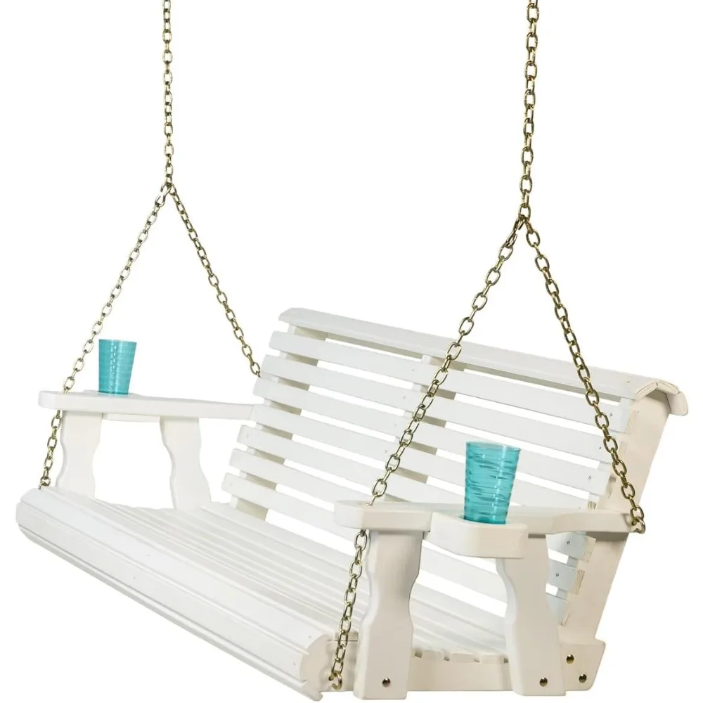 

5 Foot Roll Back Heavy Duty Wooden Porch Swing with Cup Holders in Cedar Stain - Amish Made in The USA from Treated Pine