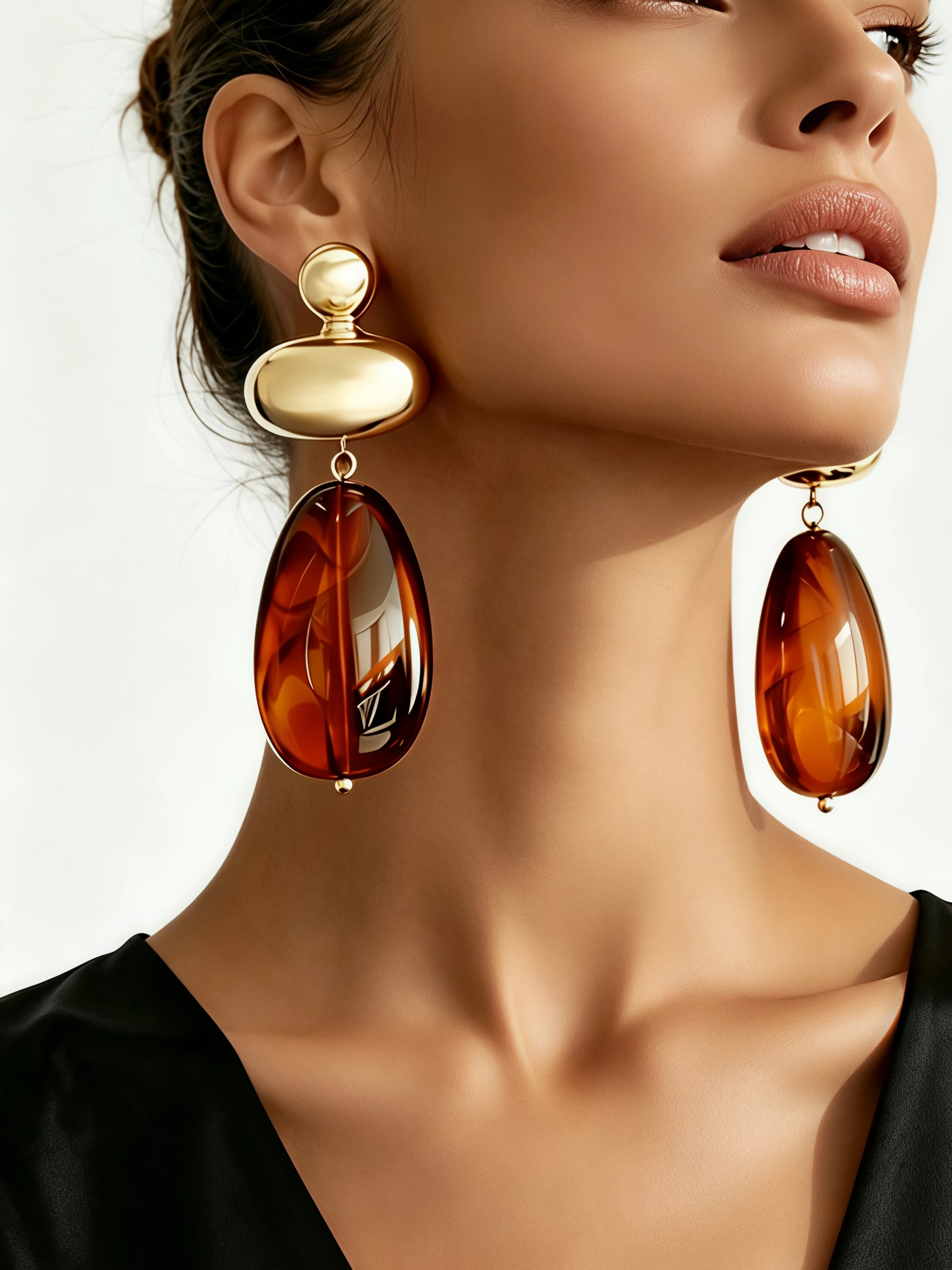 Geometric Oval Metal Amber Teardrop Pendant Earrings - Image 2