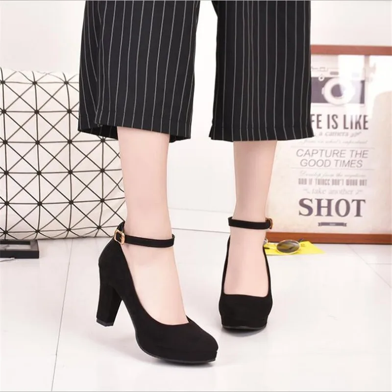 Spring Women Pumps Flock Sweet Thick High Heels Ankle Strap Female Platform Classic Round Toe Dress Cute Shoes Ladies Footwear