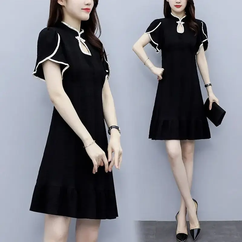 Elegante Stehkragen Taste Einfarbig Rüschen Party Kleid Weibliche Kleidung 2025, Sommer Neue Lose Alle-spiel Vintage kleid