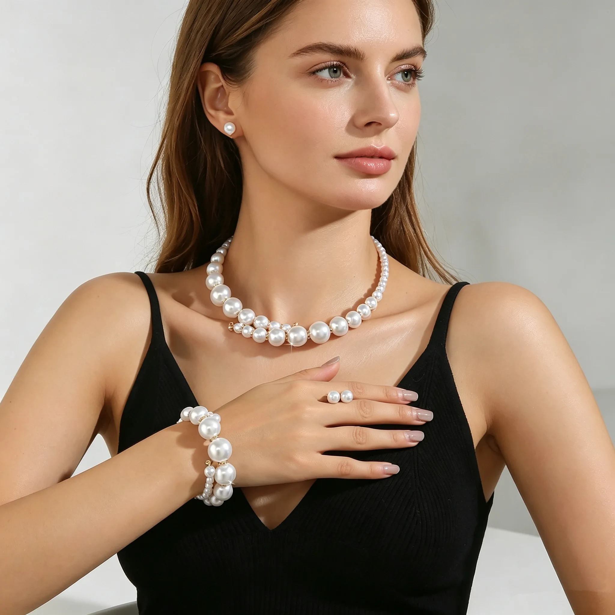 Elegant Imitation Pearl Jewelry Set for Women Big Size Pearl Necklace Bracelet Earrings 3Pcs Bridal Wedding Party Daily Fashion