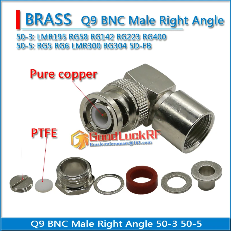 Q9 BNC Male Right Angl 90 Degree Solder For LMR195 RG58 RG142 RG223 RG400 RG5 RG6 LMR300 RG304 Coaxial type L RF Connector