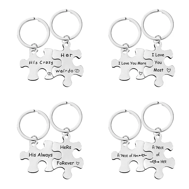 2Pcs/Set Letters Engraved Stainless Steel Keychains Couples Key Ring Puzzle Pendant Jewelry Gift For Valentine\'s Day