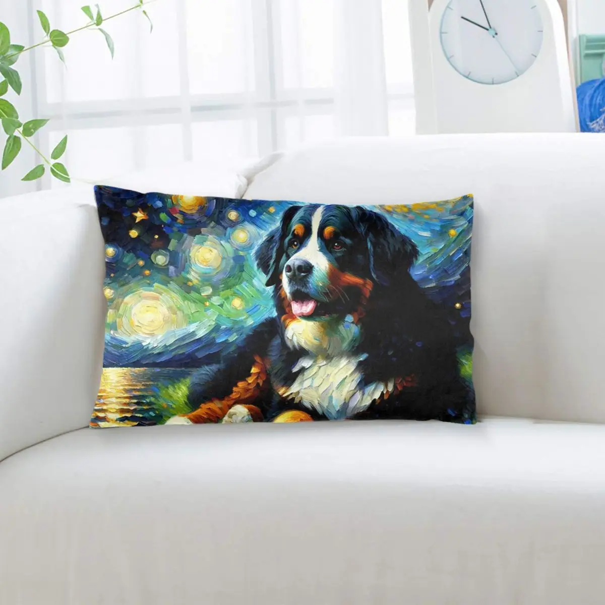 Starry Night Bernese Mountain Dog Van Gogh Lover Rectangle Pillowcase Cushion Cover Decorative Bedroom Bed Home Throw Pillow
