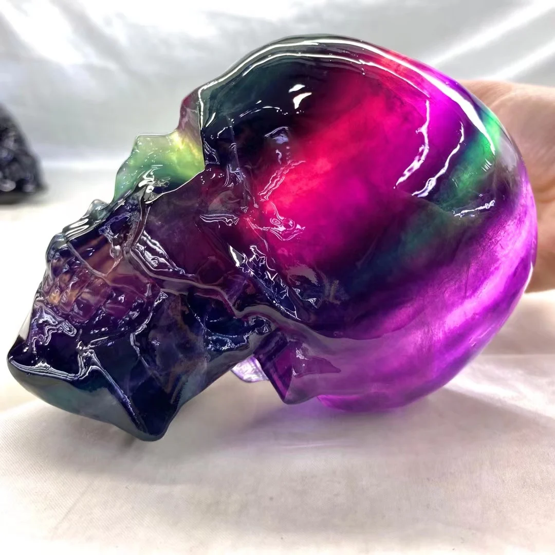 10-15CM Large Size High-Quality Unique Natural Rainbow  Fluorite Carved Skull Mineral Collectors Crystals Decorations Item