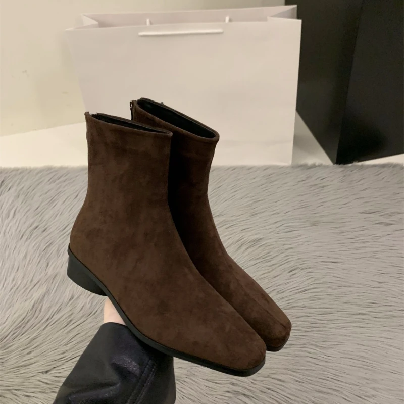Fall/Winter Style High Heel Women's Elegant Tight Short Boot 2026 Peach-colored Back-Zip Nude Boot Fashion Square Toe