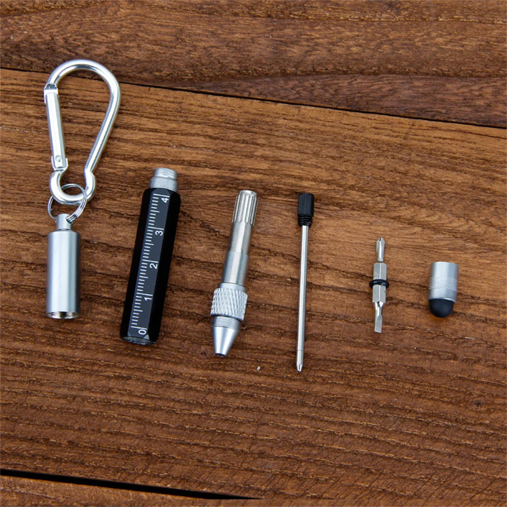 6 In 1 Tool Pens Small Ballpoint Rotating Metal Pens Screwdriver Hexagonal Touch Screen Carabiner Scale Keychain Writing Tools