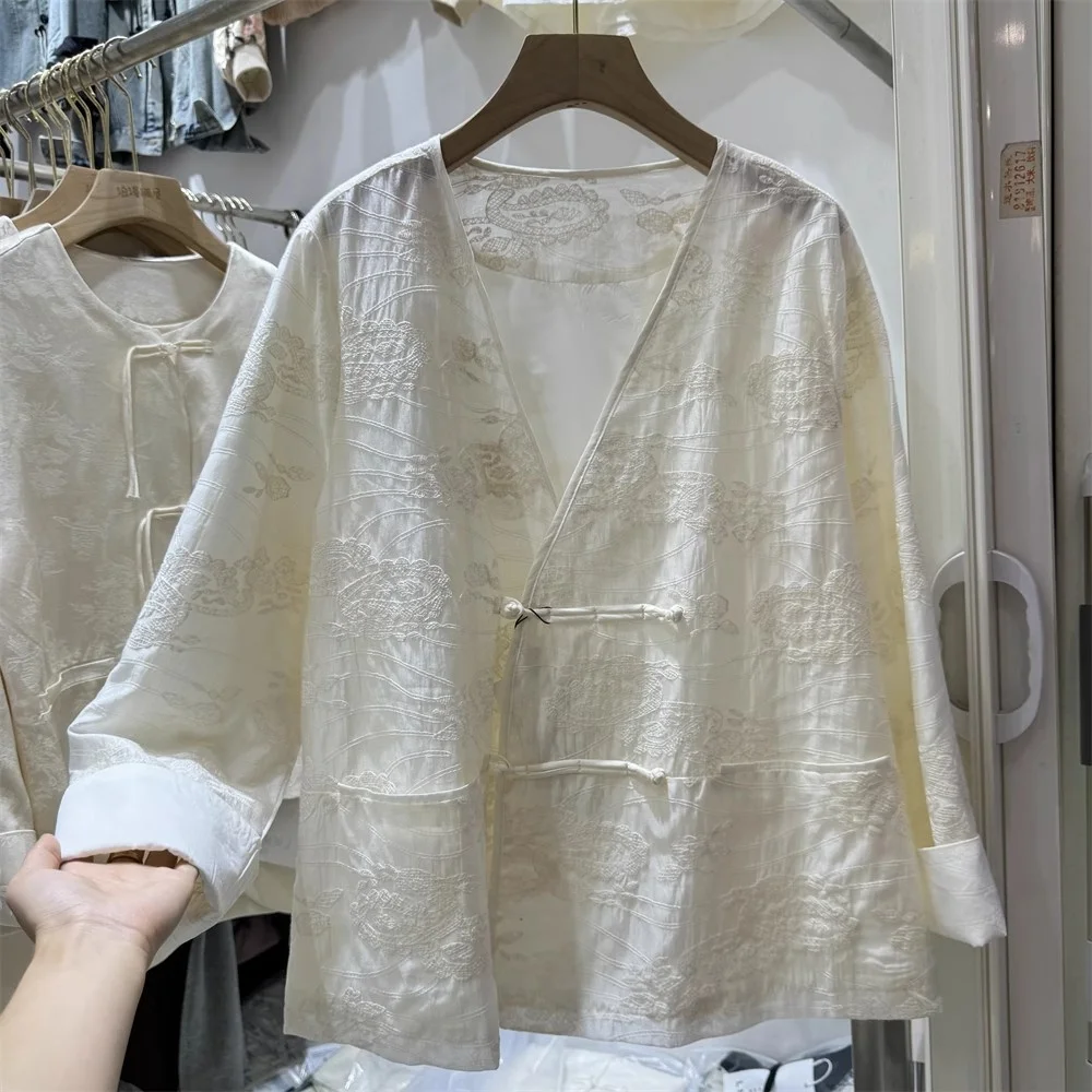 

Весенний новый китайский свободный тонкий вышитый тюре, женский модный топ большого размера из смеси хлопка и полиэстера, длинный свеч V-Ne