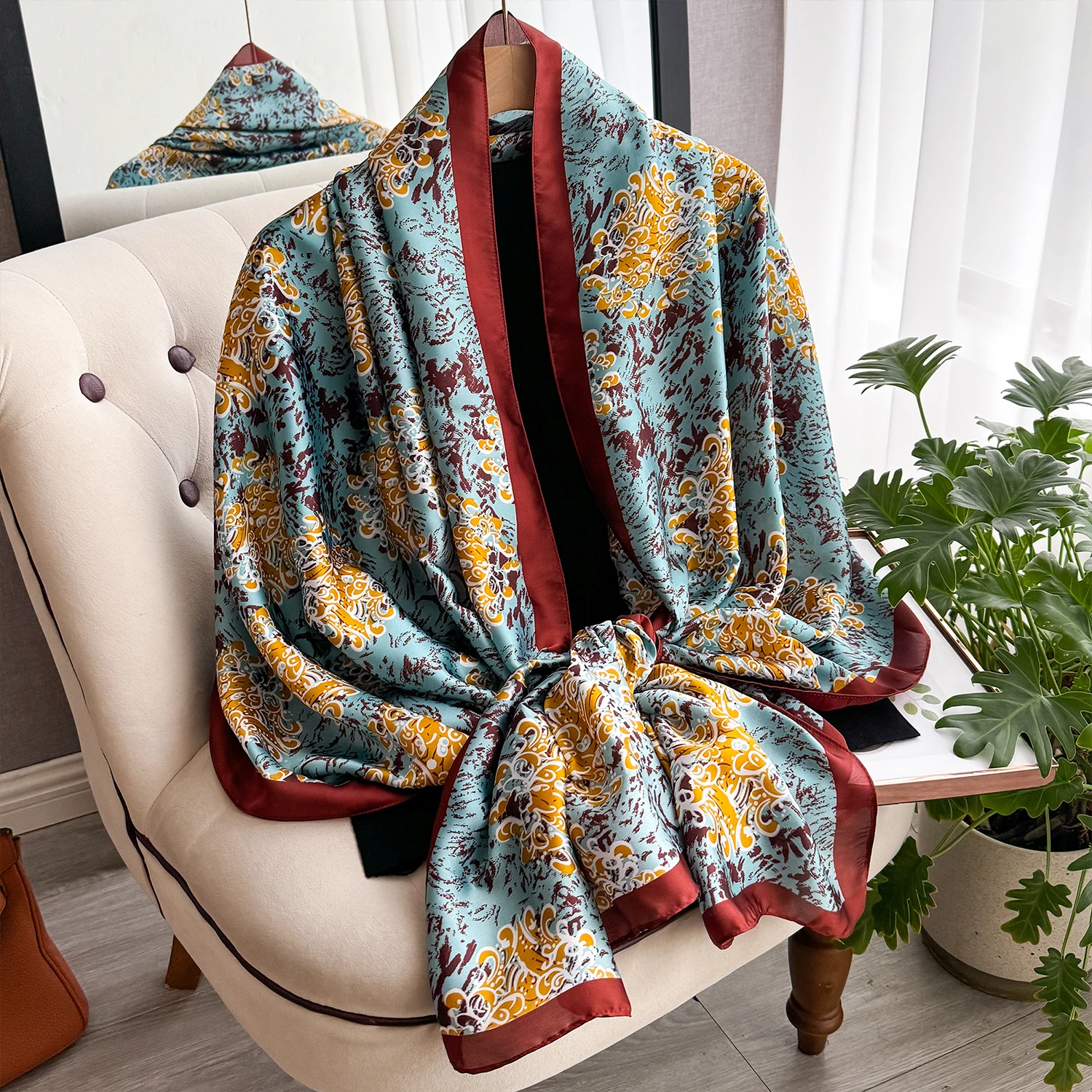 أحدث الربيع عالية الجودة وشاح حريري ناعم النساء السيدات أنيقة طباعة وشاح أزياء شال الشاطئ الحماية من الشمس مصمم وشاح