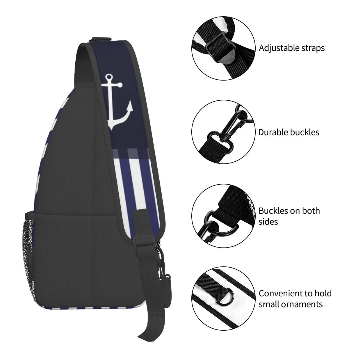 Sailor Stripes Anchor Small Sling Bags Chest Crossbody Shoulder Sling Backpack Hiking Travel Daypacks Rudder Navy Sailing Marine