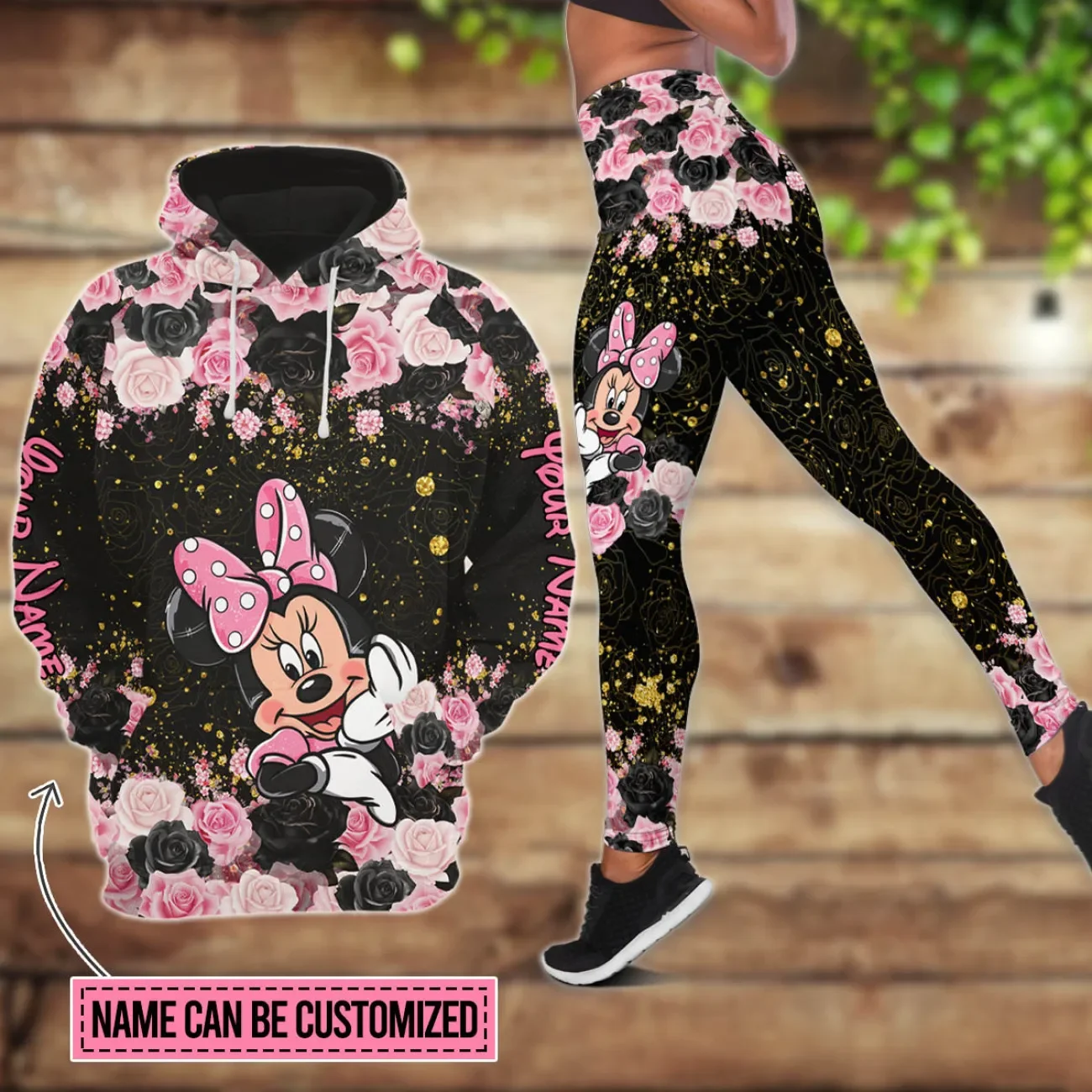 Disney-Mulheres Minnie Hoodie Set, Personalizar Nome, Mickey Yoga Calças, Sweatpants, Yoga Leggings, Moda Treino, y2k