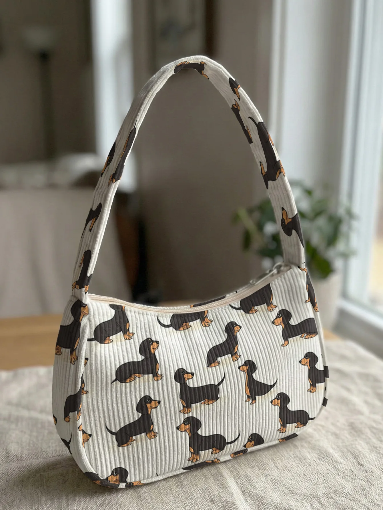 Trendy Dachshund Print Shoulder Bag, Beige Corduroy Underarm Bag for Daily Casual Use