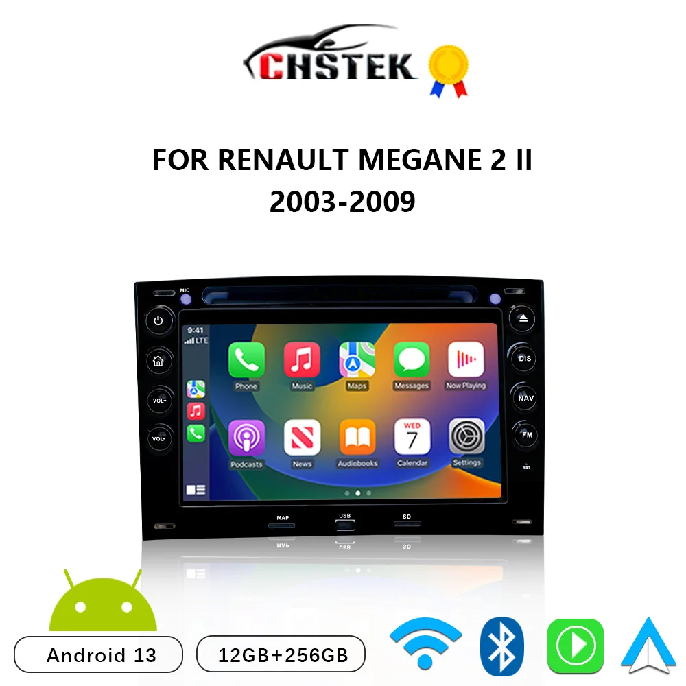 CHSTEK Car Radio Android 13 Carplay For Renault Megane 2 II 2003-2009 Multimedia Navigation Bluetooth WIFI 4G 256G Auto Stereo