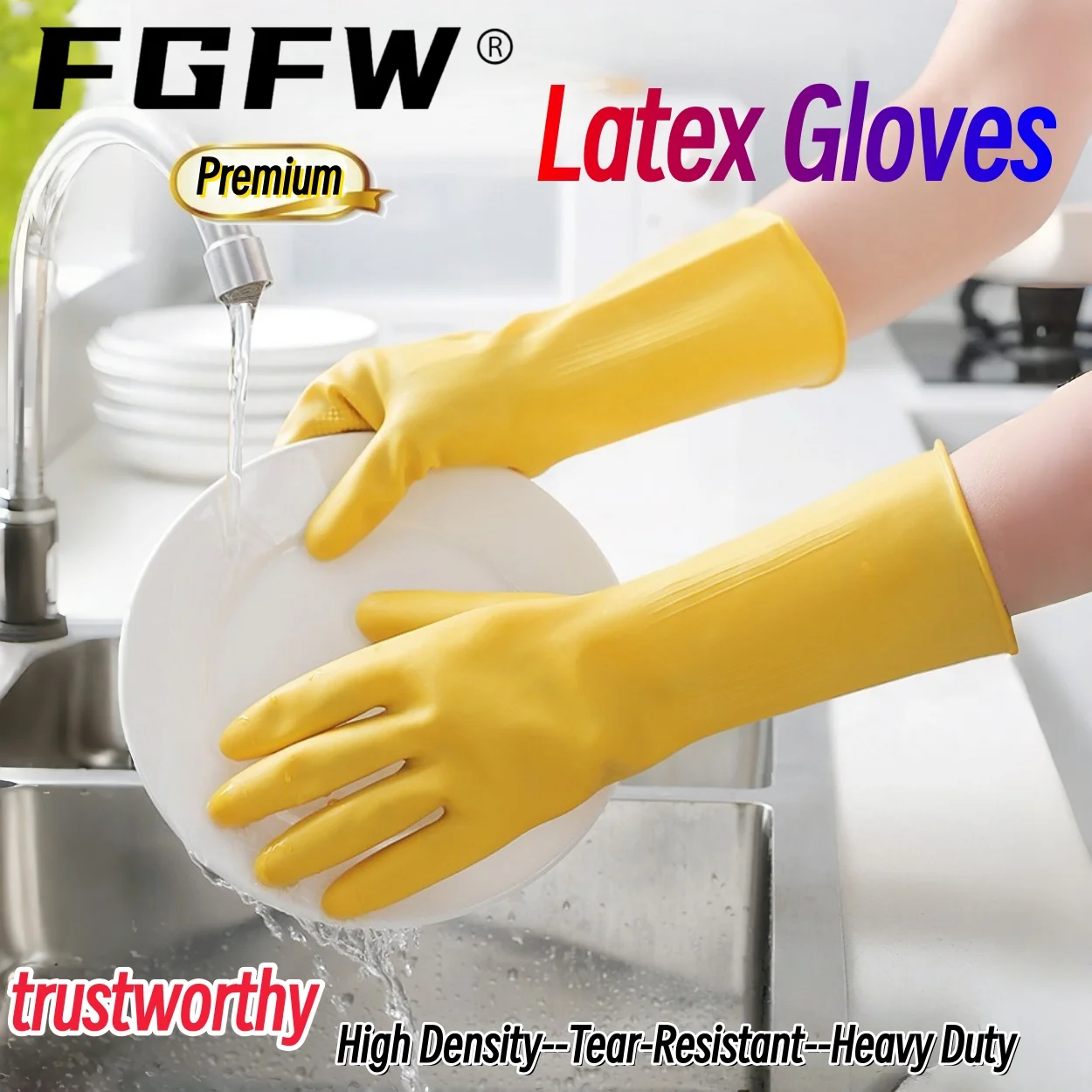 

FGFW Yellow Rubber Dishwashing Gloves Extra Thick Waterproof Oil Resistant Tear Resistant Soft Comfortable Eco-friendly