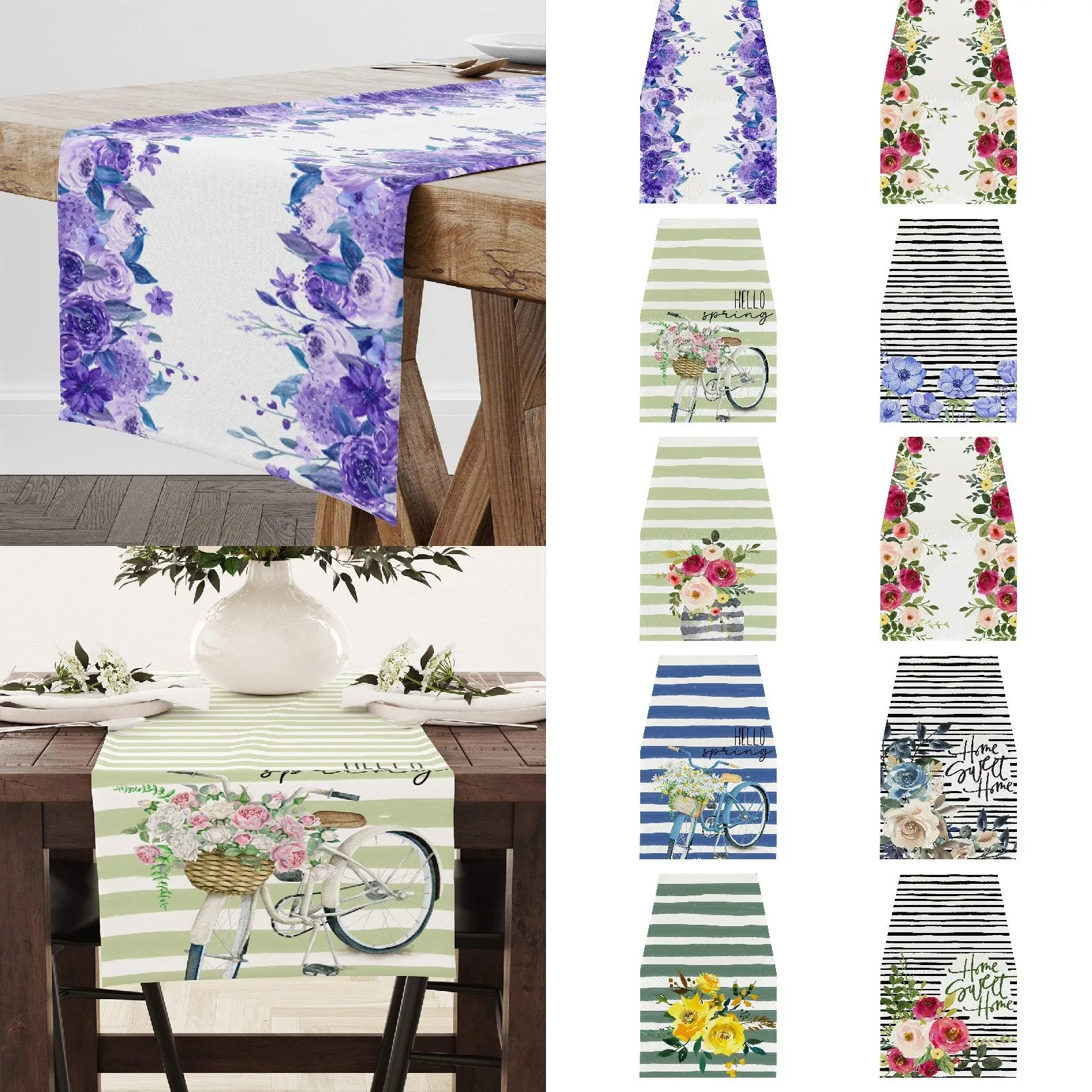 Watercolor Yellow Floral Table Runner Stripe Vintage Bicycle Tablecloth Green Stripe Table Mat Dining Room Kitchen Home Decor