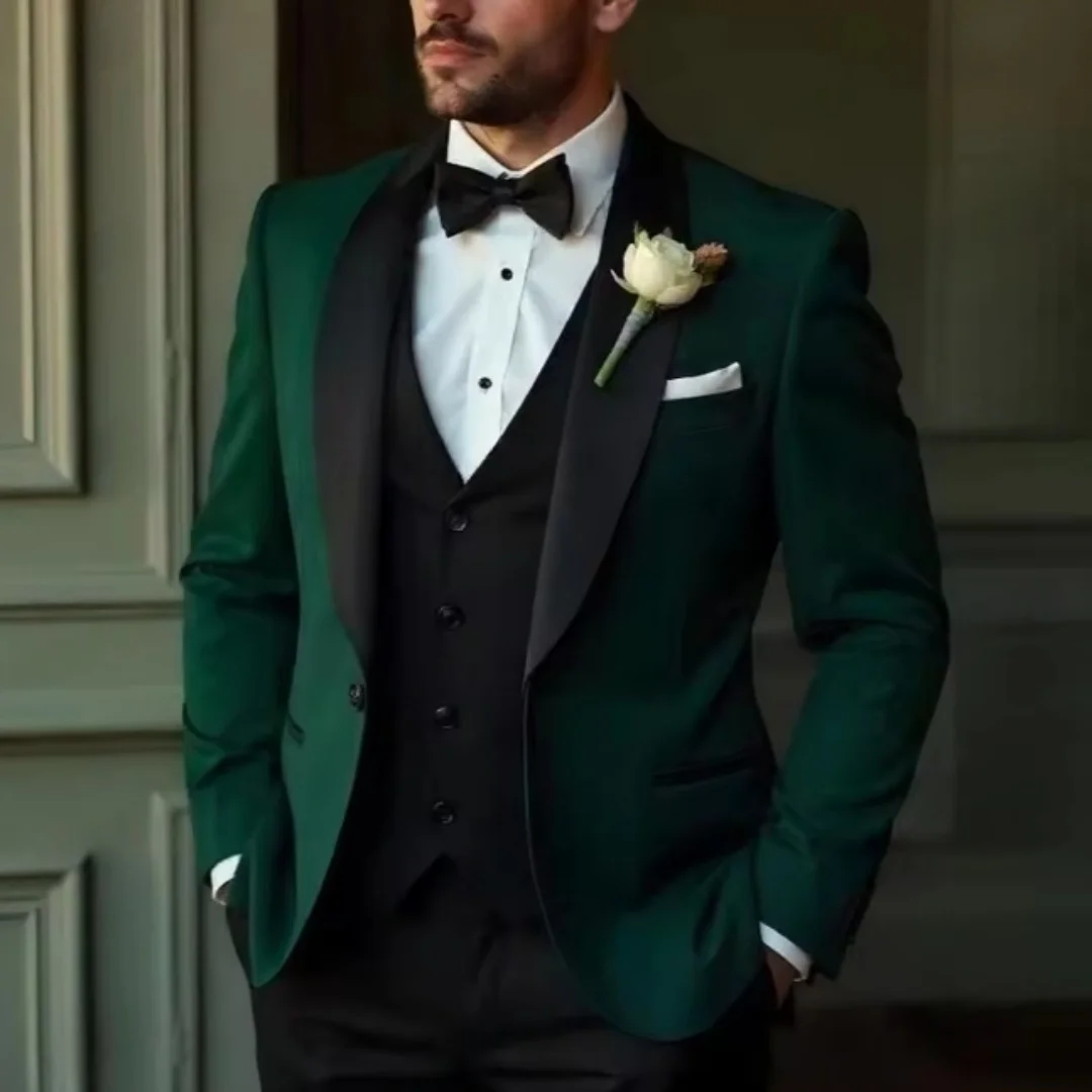 

CustomizedGreen And Black Business Tuxedos Formal Occasion Groom Groomsman Wedding Party Prom Suit Male 3 Piece Set Blazer Vest