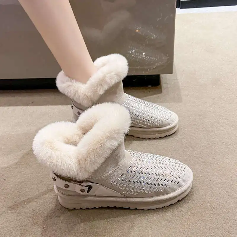 New Winter Ankle Boot for Women Fashion Retro Strap Furry Bling Shoes Woman Snow Booties Glitter Ladies Warm Plush Short Boots