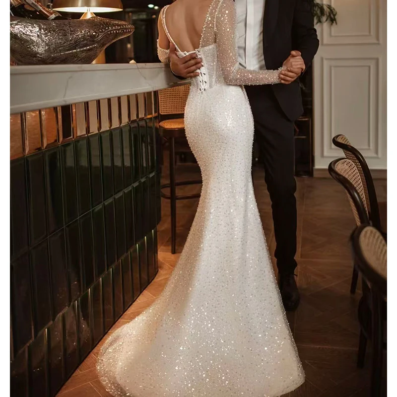 Luxurious Detachable Train Wedding Dress Fully Beaded Slit A Mermaid Ball Gown Sleeveless Square Collar Customized Bride Lace Up