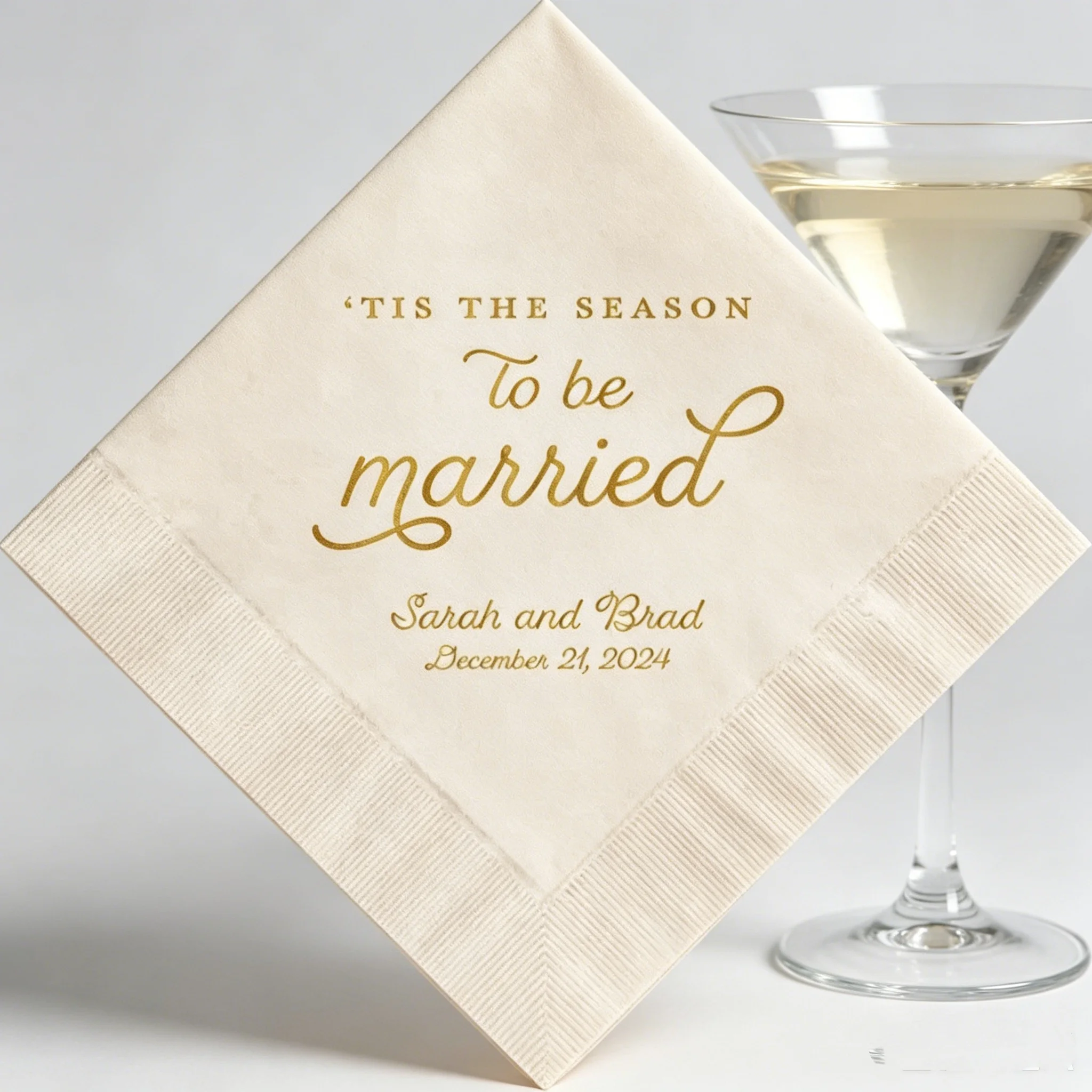 50pcs Custom 'Tis The Season To Be Married Wedding Cocktail Napkins, Personalized Couple Names & Date Gold Foil Beverage Napkins