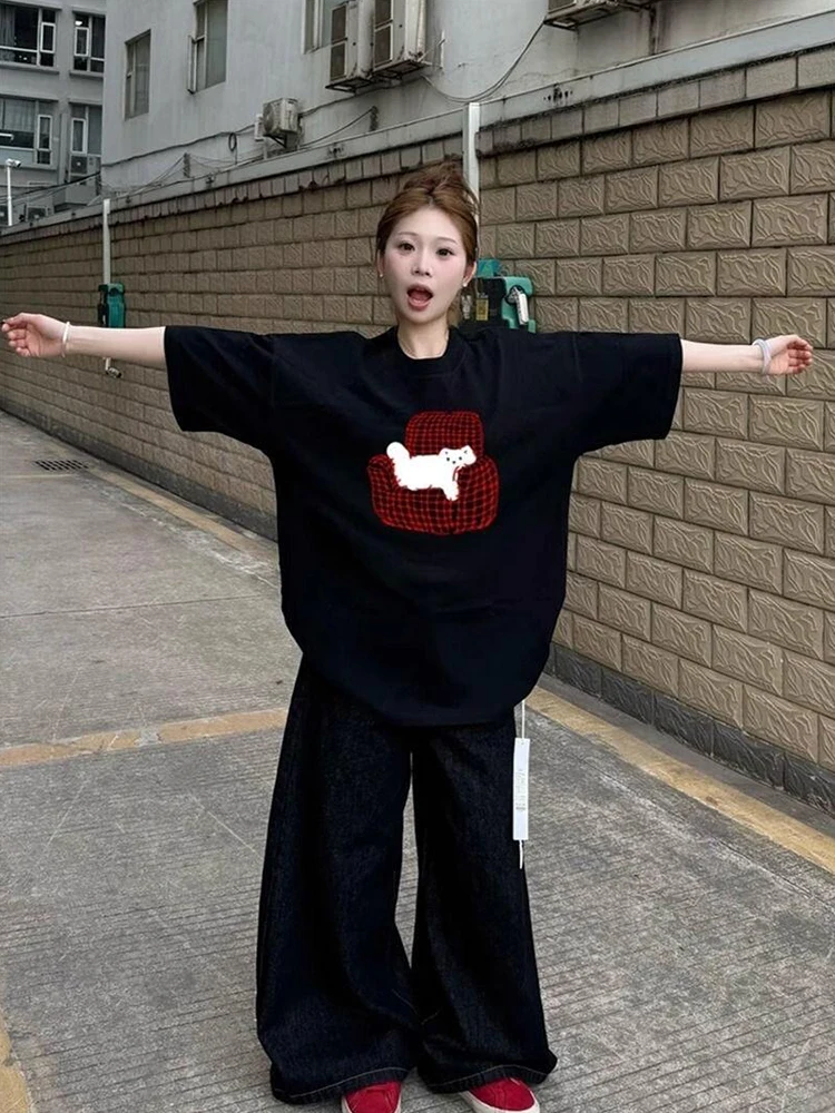 レトロアメリカンピュアコットンブラック半袖Tシャツ女性用サマーオーバーサイズハーフスリーブルーズショルダートップ韓国スタイル通勤